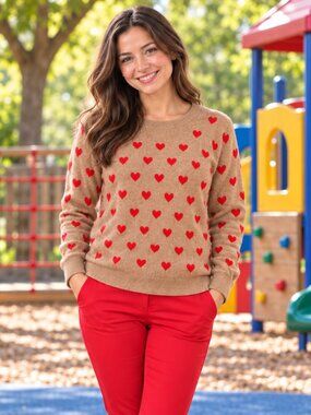 Vince Camuto Tan Sweater with Red Hearts - XL - LIKE NEW